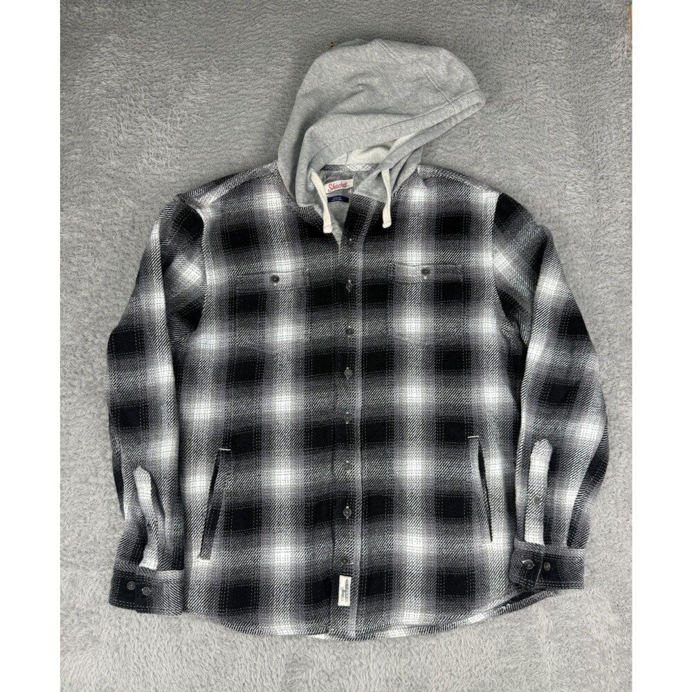johnnie-O Sweeney Shacket Men M Black Gray Plaid Hooded Flannel Shirt Jacket